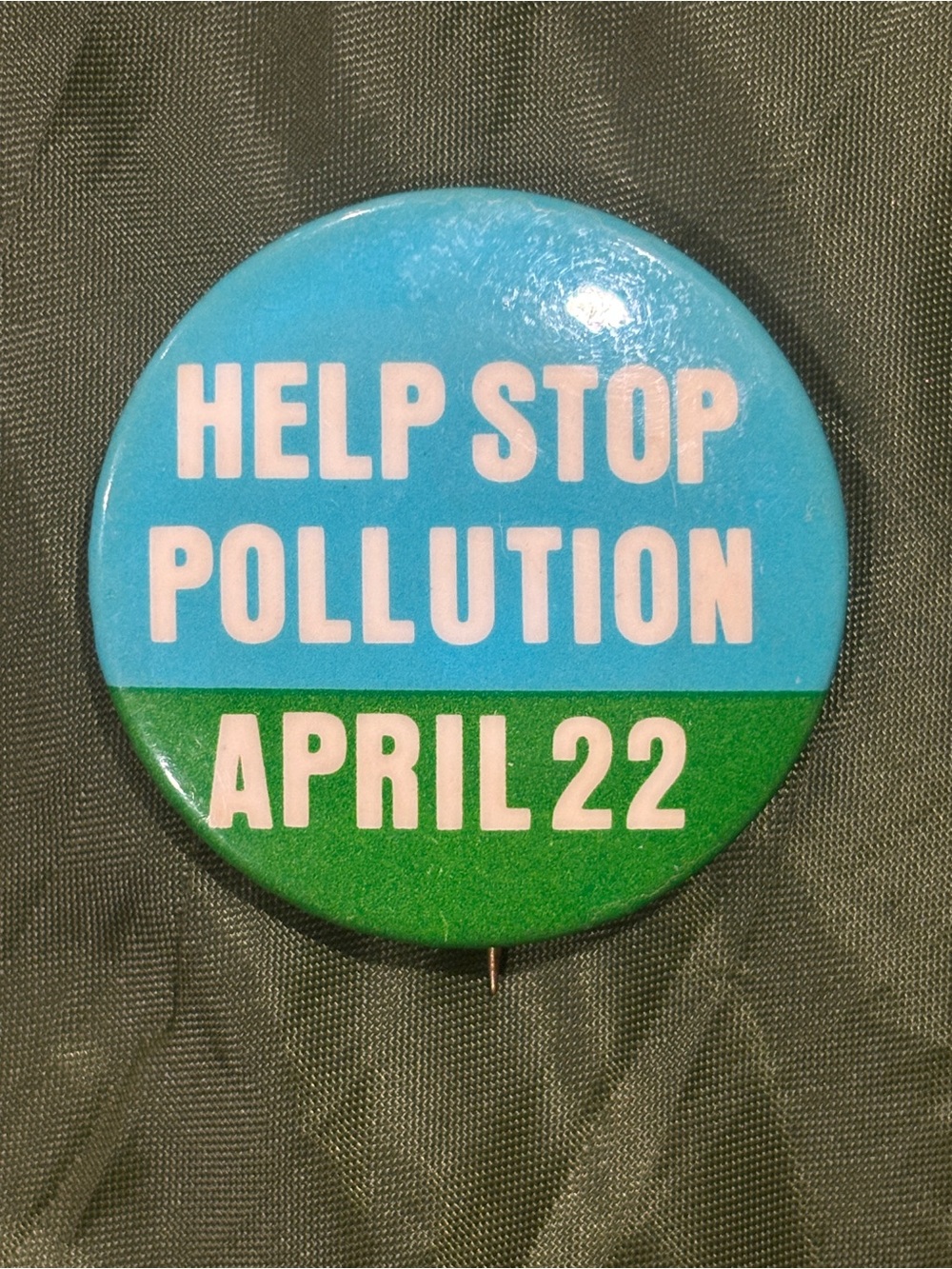 Help Stop Pollution April 22 Vintage Button Pin - Blue & Green
